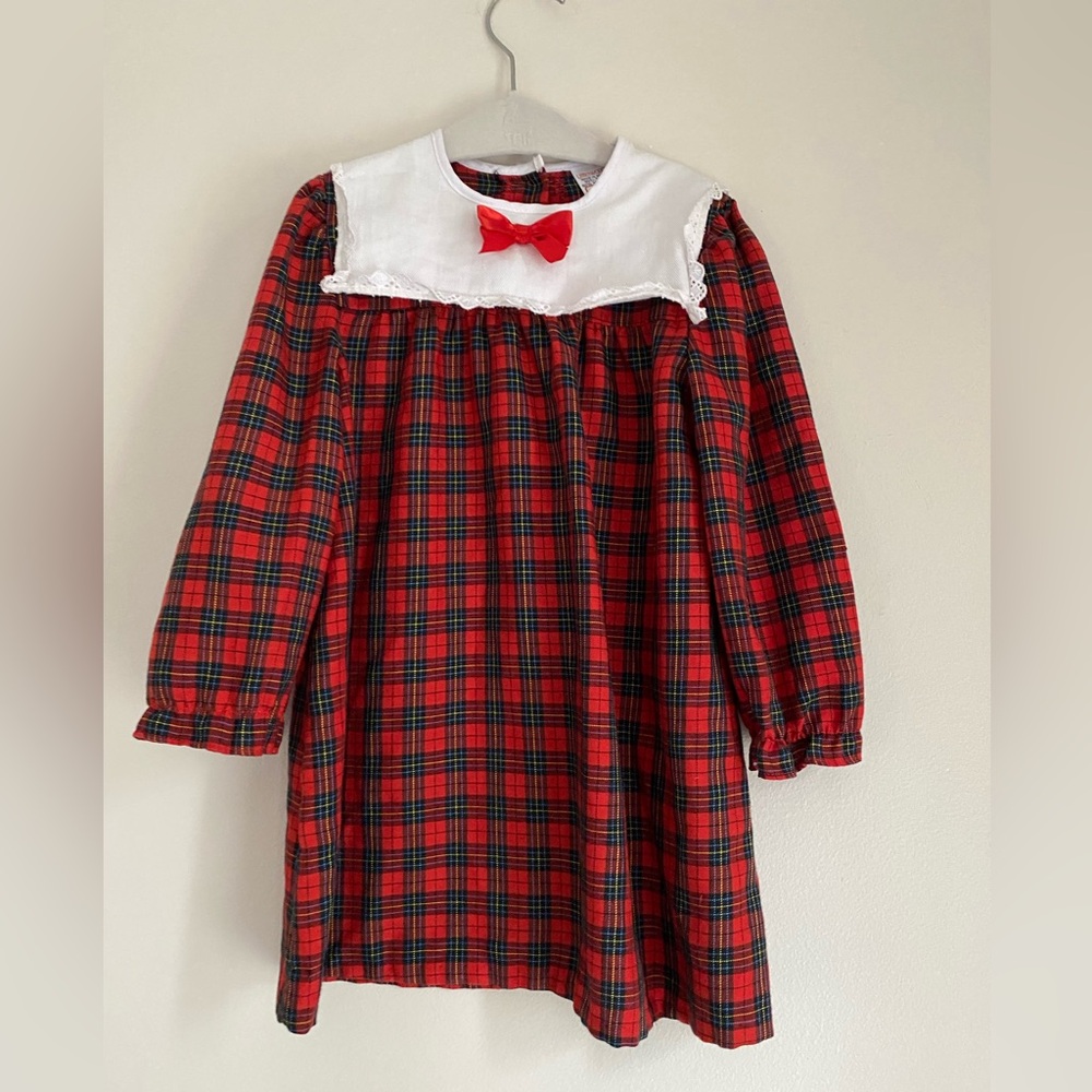 vintage toddler dress Littlewoods red tartan plaid 24-36mo made in Britain